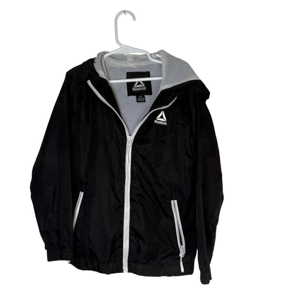 Reebok Kids Black Windbreaker Jacket Full Zip Lightweight Activewear Size S 7/8